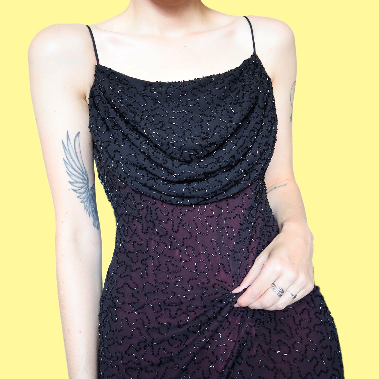 Black & red heavily beaded slip evening dress UK 12