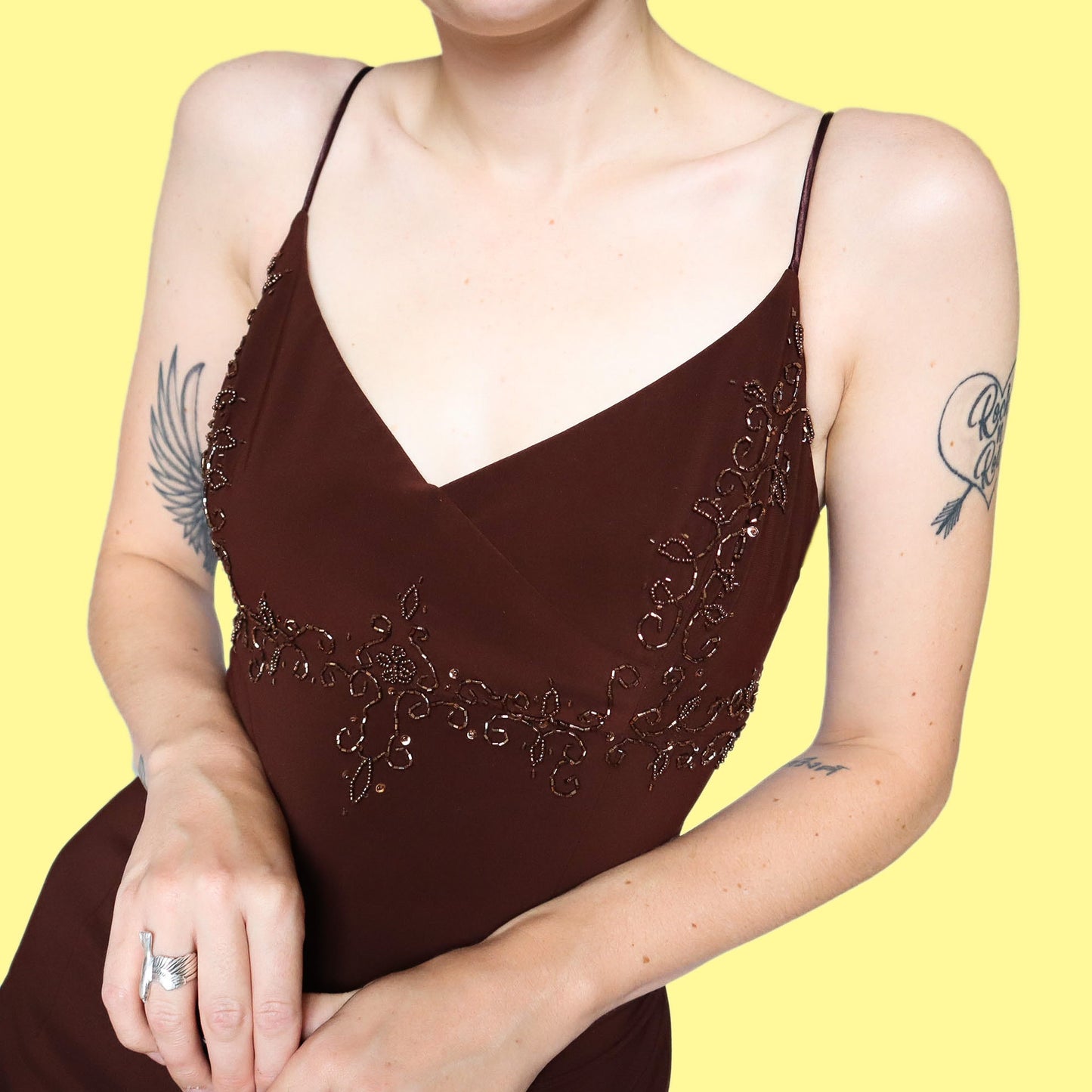 Brown stretch beaded open back evening dress UK 10