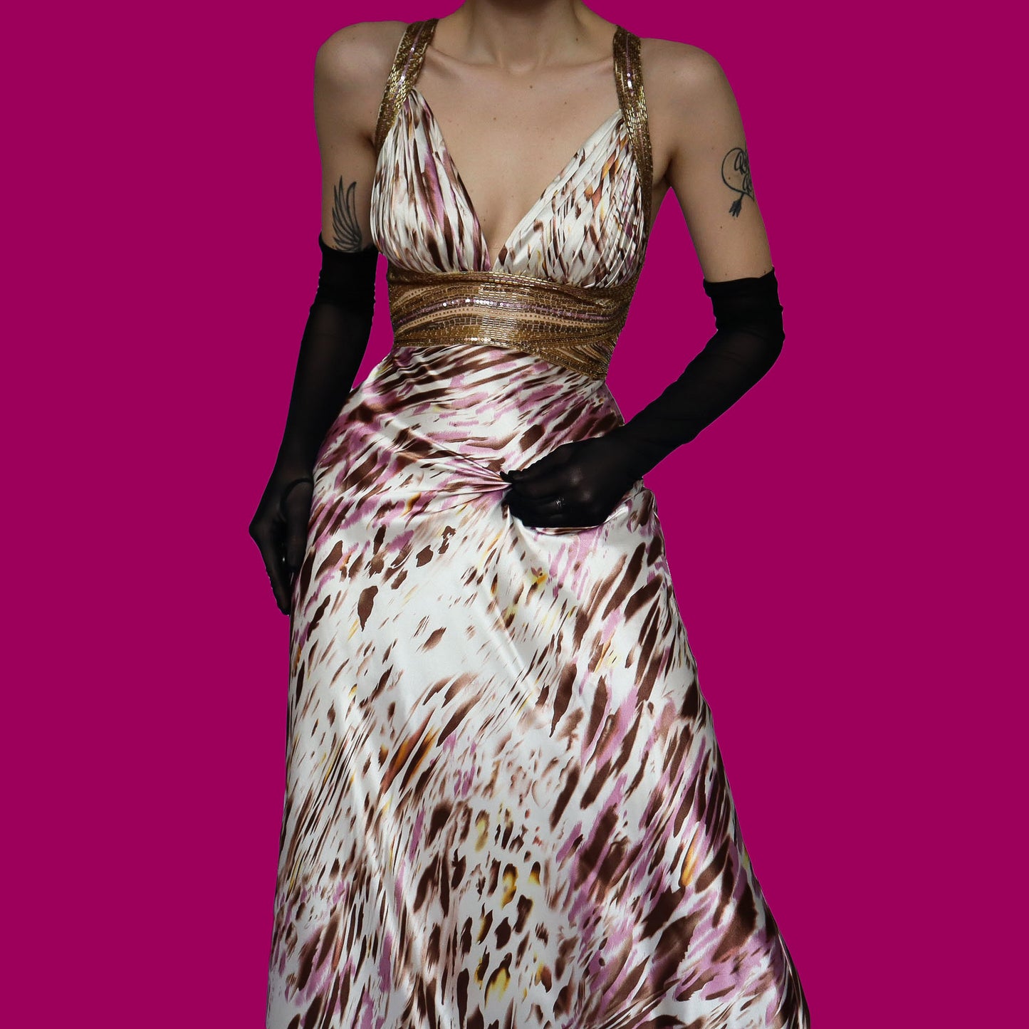 Silky print beaded evening dress UK 10