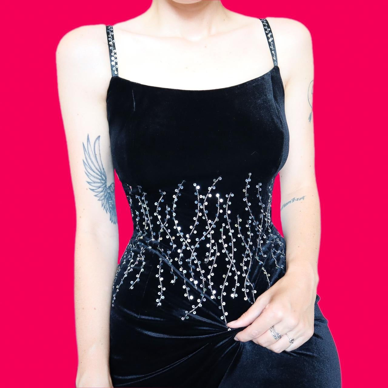 Black velvet sequin slip evening dress UK 12