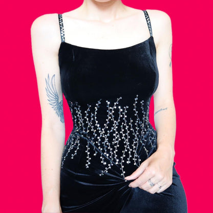 Black velvet sequin slip evening dress UK 12