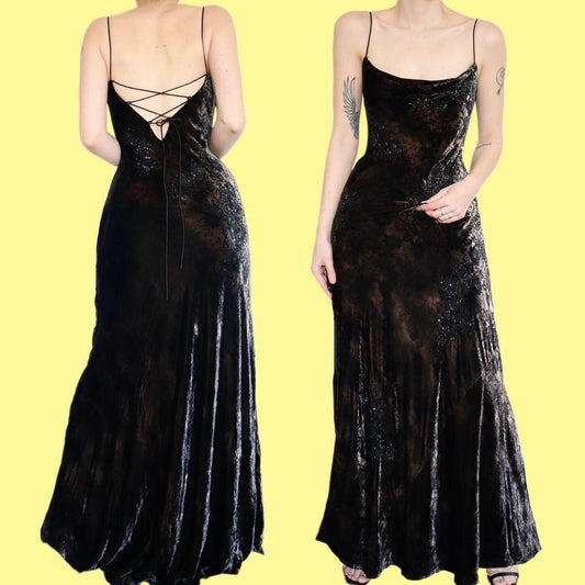 Beautiful silk blend brown & black velvet beaded evening dress UK 16