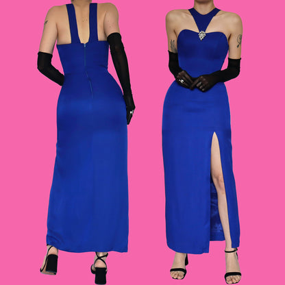 Electric blue fitted evening dress UK 8