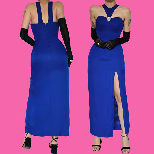 Electric blue fitted evening dress UK 8