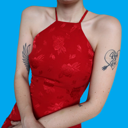 Beautiful fitted red floral evening midi dress UK 10