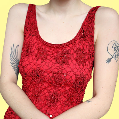 Stunning red crochet sequin stretch evening dress UK M