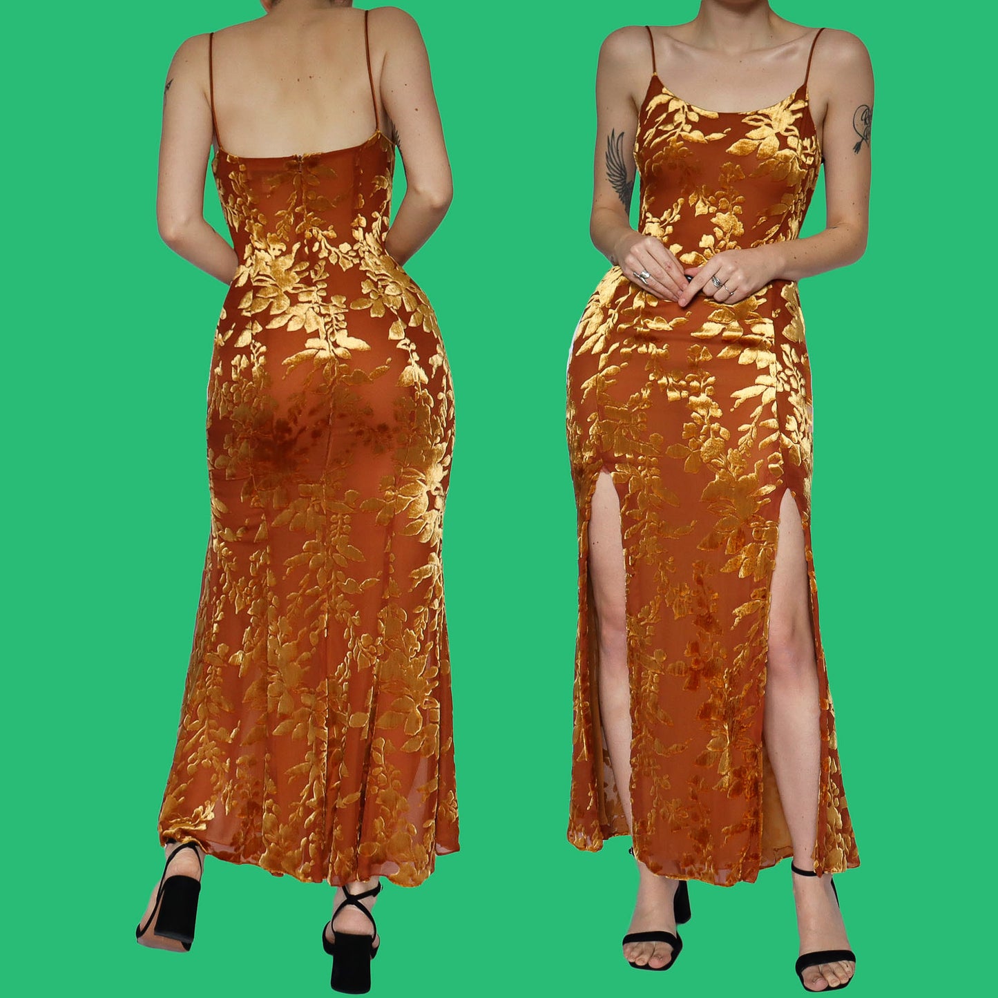 Golden velvet silk blend evening dress & shawl UK 10