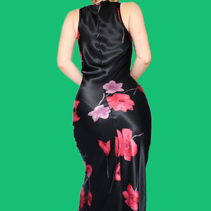 Beautiful silky black floral evening dress UK 12
