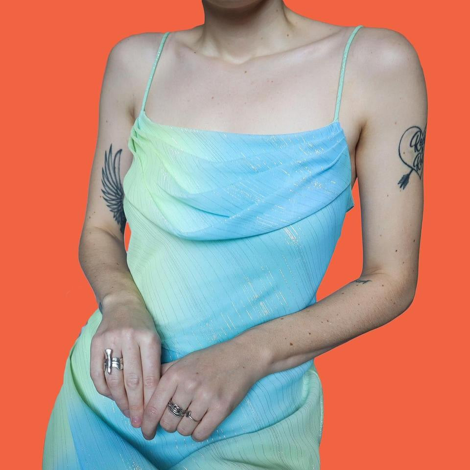 Green & blue glittery slip evening dress UK 12