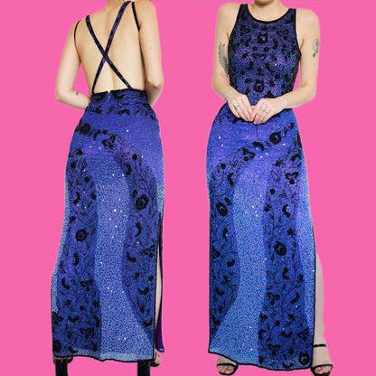 Beautiful purple 100% silk heavily beaded evening dress UK 10