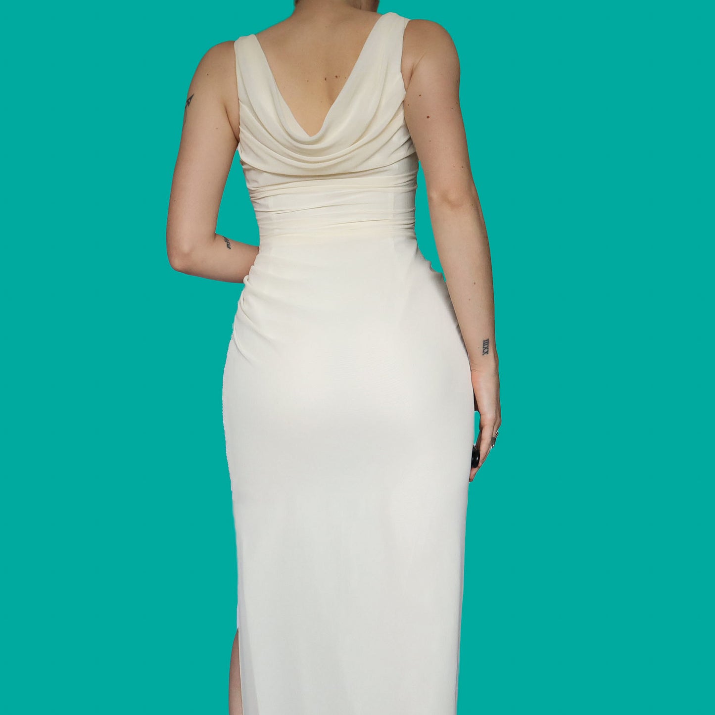 Cream chiffon draped evening dress UK 10