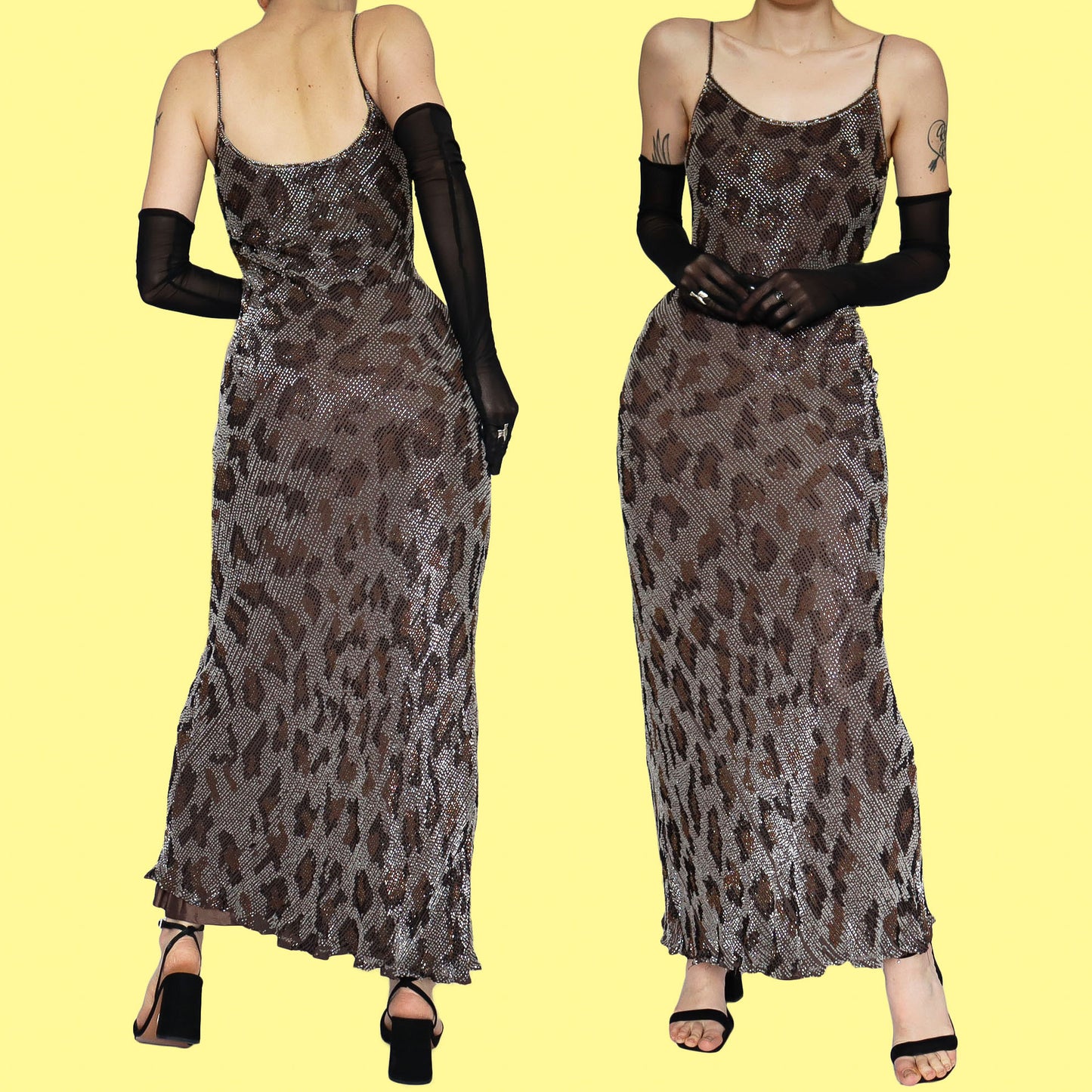 Heavily beaded silk leopard print evening dress UK 10