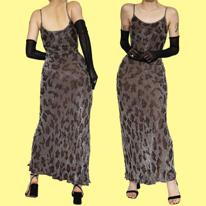 Heavily beaded silk leopard print evening dress UK 10