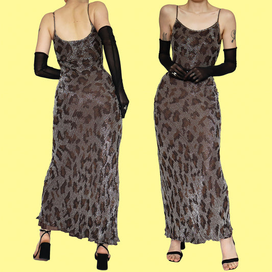 Heavily beaded silk leopard print evening dress UK 10