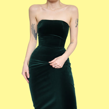 Chic green velvet strapless evening dress UK 12