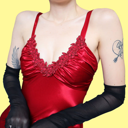 Silky red open back evening dress UK 8