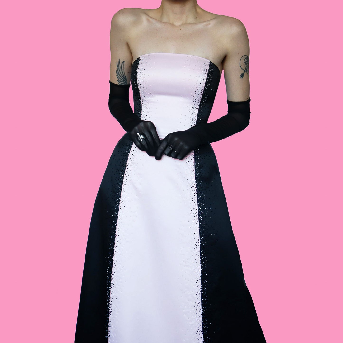 Black & pink strapless a line evening dress UK 12