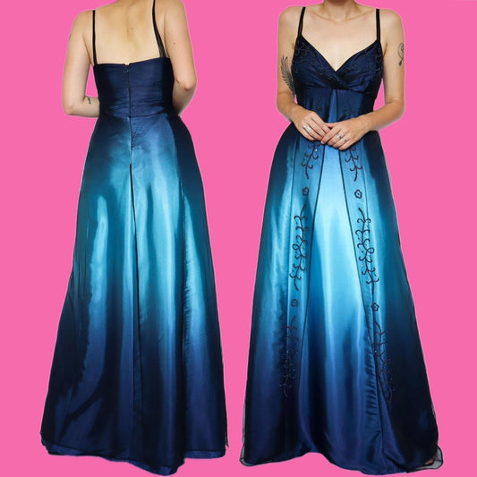 Blue ombré beaded evening dress UK 16