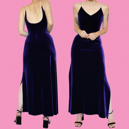 Purple velvet diamanté evening dress UK 12
