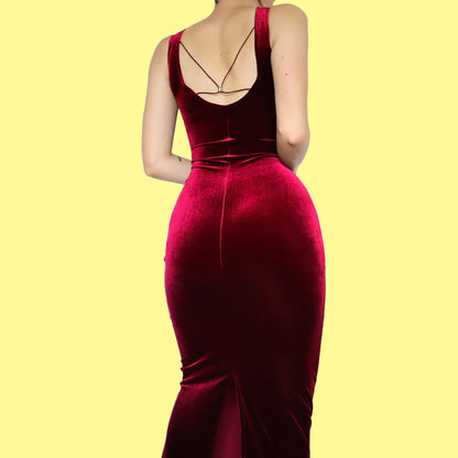 Red velvet stretch evening dress UK 14