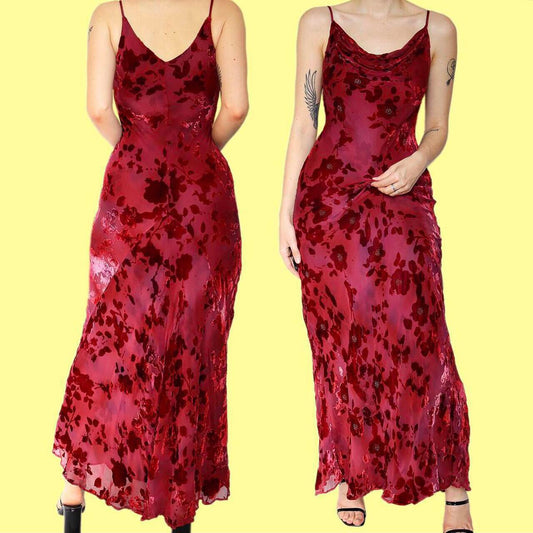 Beautiful raspberry silk blend velvet floral evening dress UK 14