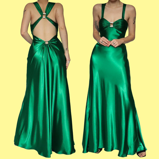 Emerald green satin diamanté evening dress UK 10