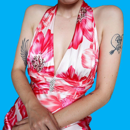 Beautiful white/pink floral satin evening dress UK 12