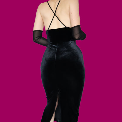 Black velvet slip midi dress UK 10