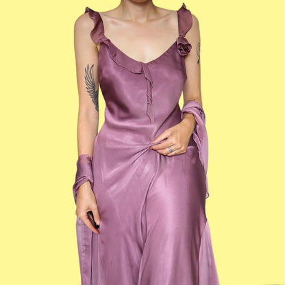 Purple chiffon frill midi dress with shawl UK 16
