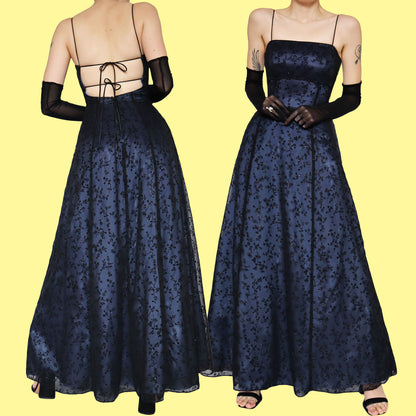 Blue glittery floral a-line prom evening dress UK 10