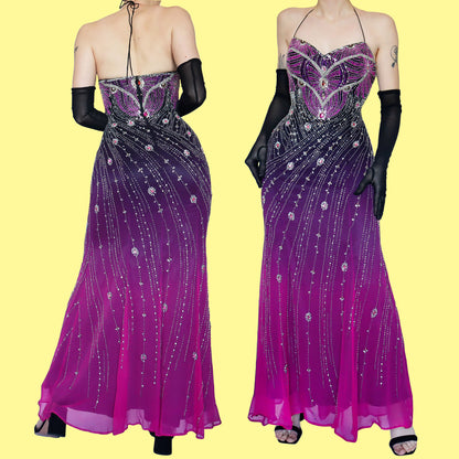 100% silk heavily beaded evening dress UK 14