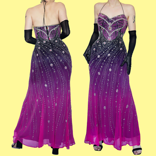 100% silk heavily beaded evening dress UK 14