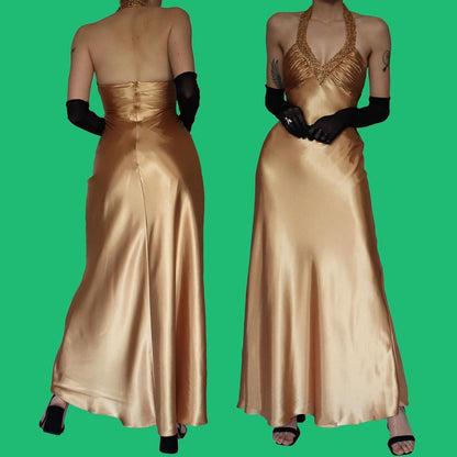 Gold silky halter neck evening dress UK 8