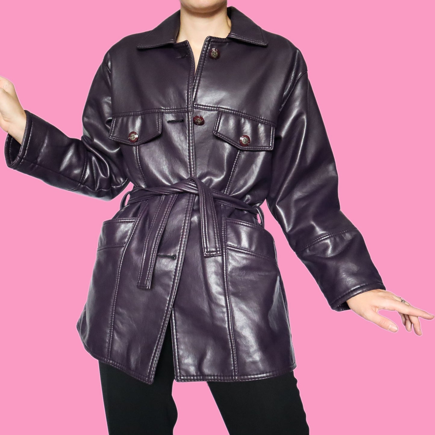 purple faux leather belted jacket UK XL