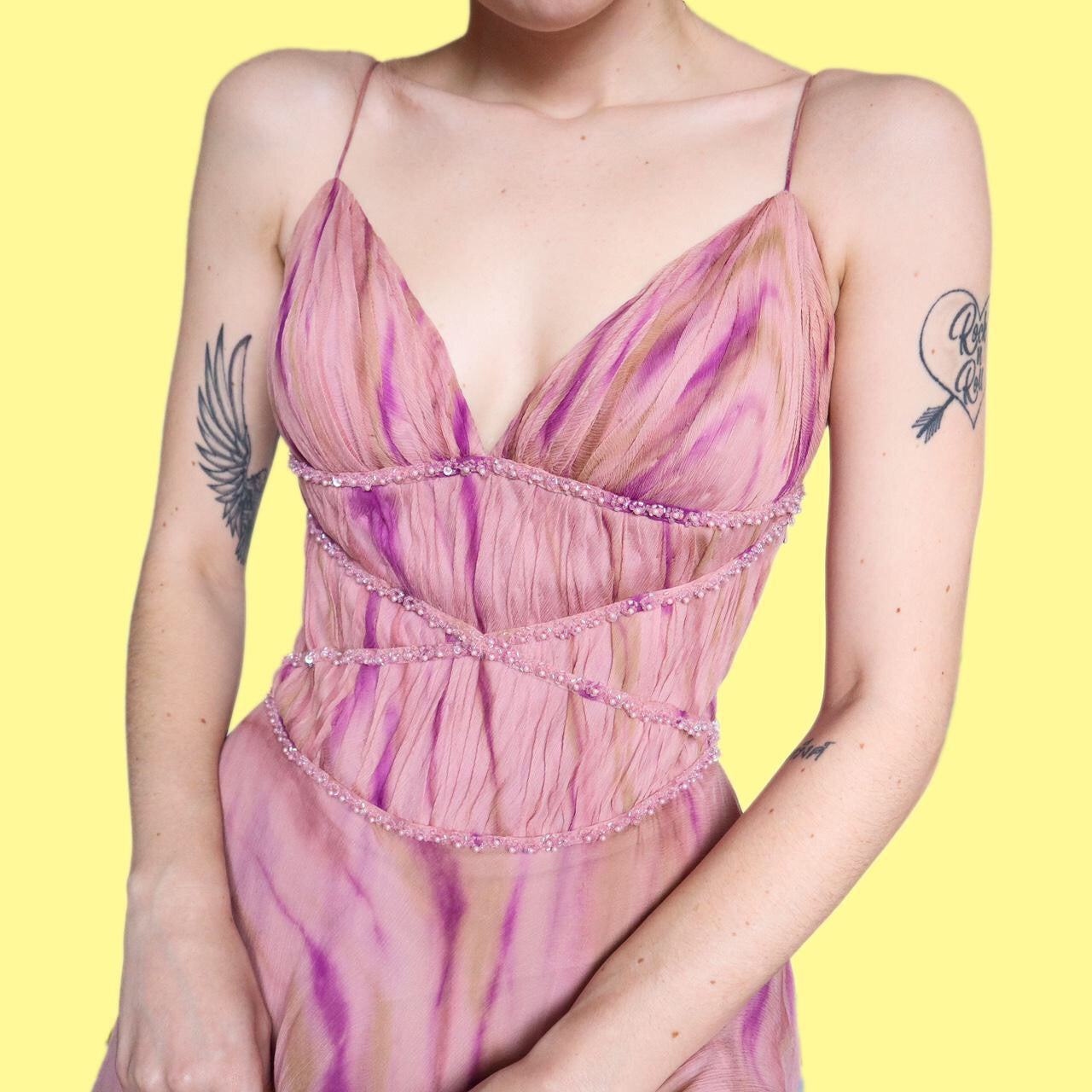 Stunning After Six petite 100% silk pink chiffon layered dress UK 12