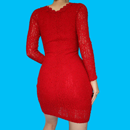 Red lace stretch long sleeve mini dress UK 10