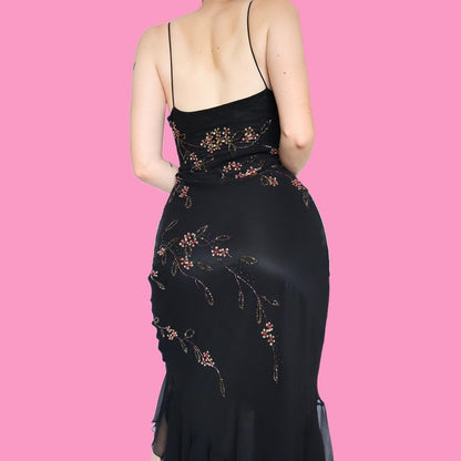 Beautiful 100% silk black beaded slip midi dress UK 12