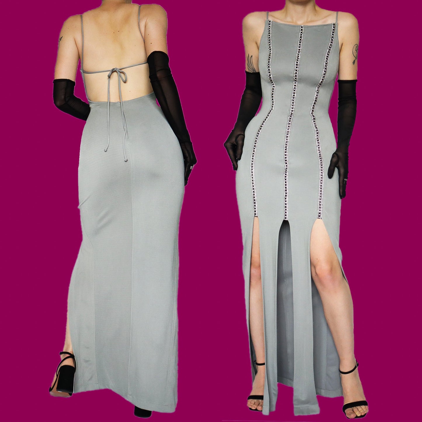 Grey diamanté stretch evening dress UK 10