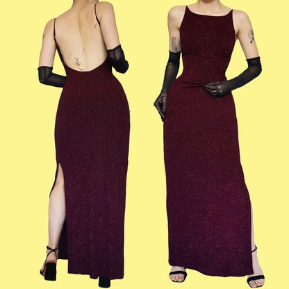Dark purple glittery open back evening dress UK 12