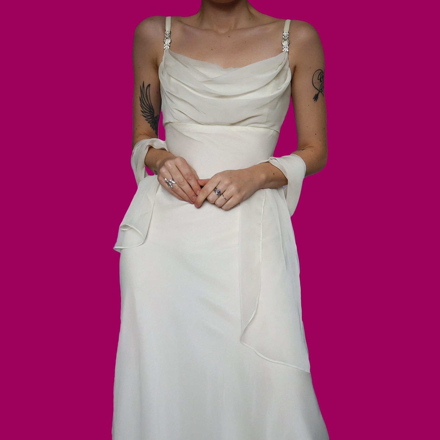 White chiffon evening dress with shawl UK 12-14