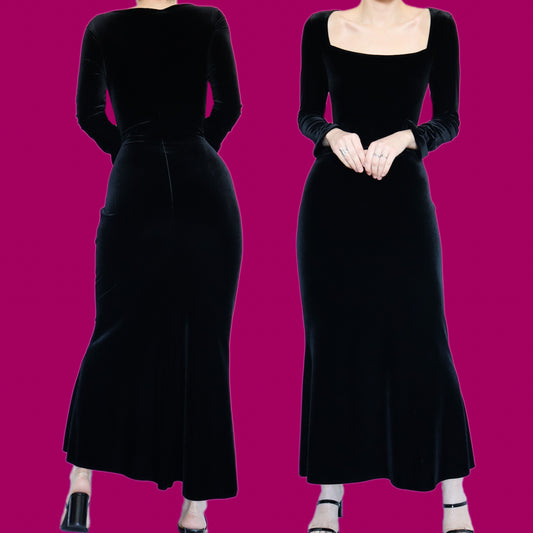 Chic black velvet long sleeve maxi dress UK 14