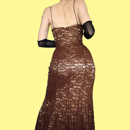 Dave & Johnny brown glittery lace evening dress UK 12