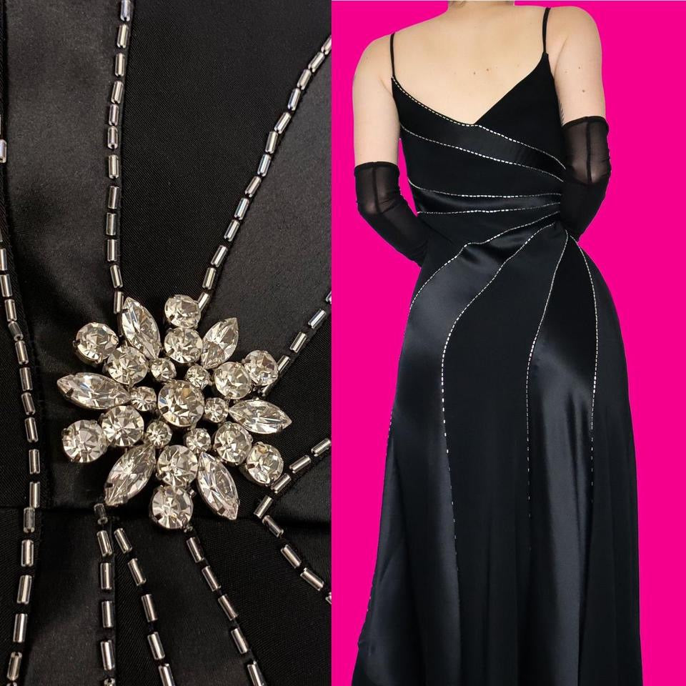 Black beaded satin slip evening dress UK 10