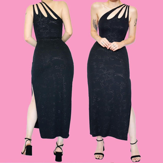 Black one shoulder stretch evening dress UK 12