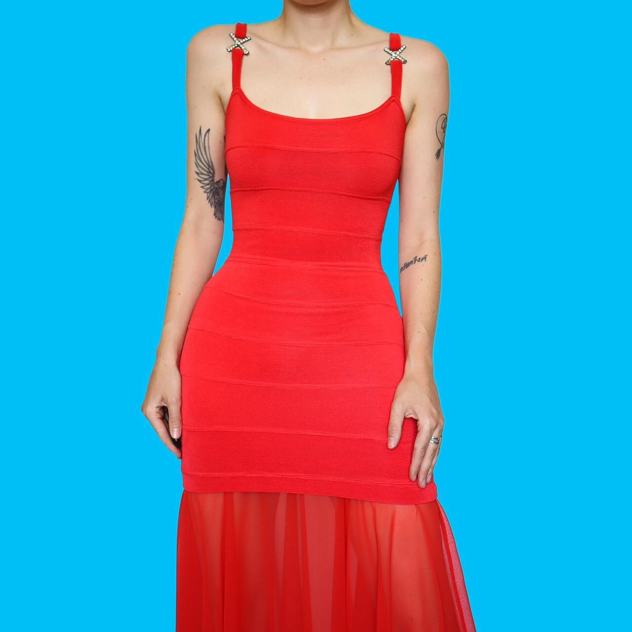 Beautiful bright red stretch diamanté evening dress UK 10