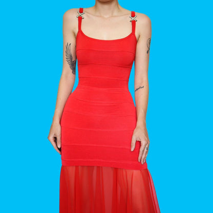 Beautiful bright red stretch diamanté evening dress UK 10