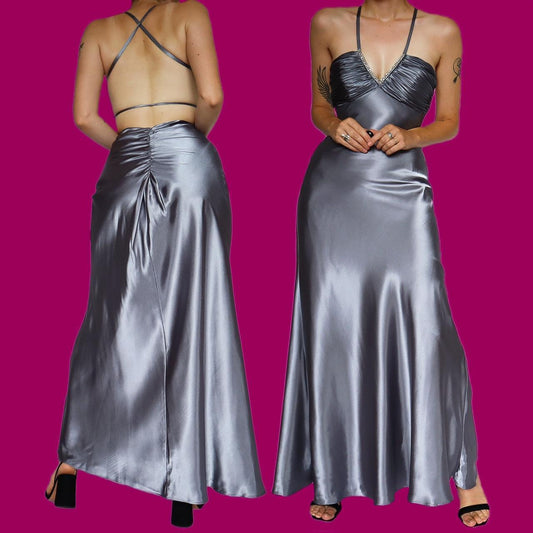 Silver diamanté open back evening dress UK 8