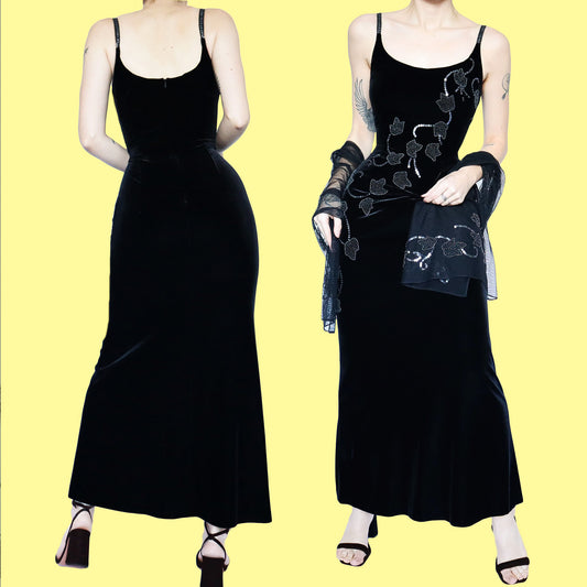 Black velvet evening dress & matching shawl UK 12