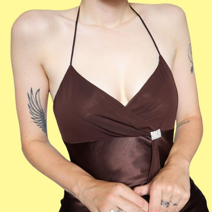 Beautiful brown satin halter-neck evening dress UK 8