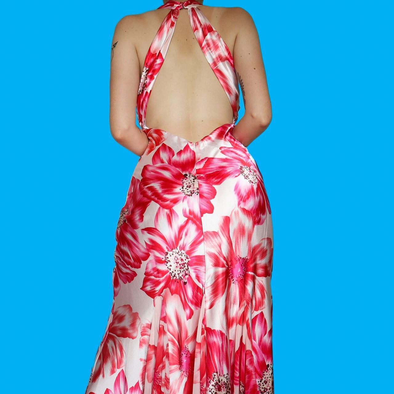 Beautiful white/pink floral satin evening dress UK 12